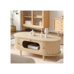 Table basse de salon ch�ne avec tiroir en verre et porte rideau rangement en mdf 100x50x36 cm