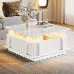 Table basse salon design led finition brillante 2 tiroirs cloison acrylique transparente taille 70x70x35 ...