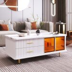 Table basse de salon en marbre avec porte en verre tremp et tiroir - blanc