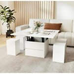 Table basse salon relevable 3 en 1 - lifezeal - 4 tabourets cach�es - tiroir et 2 plateaux rabattables ...