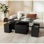 Table basse salon relevable 3 en 1 - lifezeal - 4 tabourets cach�es - tiroir et 2 plateaux rabattables ...