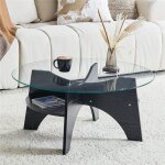 Table basse salon ronde en verre tremp� moderne design table basse transparente avec pieds en bois noir ...