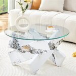 Table basse salon ronde en verre tremp� transparente avec pieds en blanc effet marbre cadre crois� table ...