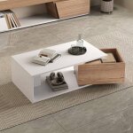 Table basse salon tiroir pivotant 360� avec rangement ouvert mdf 90x50x30 cm blanc et ch�ne