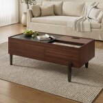 Table basse table de salon avec tiroirs et plateau en verre - design en bois brun fonc� effet marbre ...