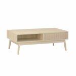 Table basse couleur naturelle. linear. d�cor bois rainur�. pieds compas. 2 niches. 1 tiroir. l 110 x ...