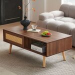 Table basse tress�e en osier couleuravec portes coulissantes pieds en bois massif design moderne105x55x40cm ...