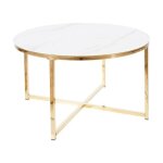 Table basse en verre effet marbre - blanc et dor� - pieds crois�s en m�tal - h 45 cm x d 80 cm