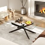 Table basse en verre tremp� costway 120x60x455 cm table rectangulaire de salon pieds tubulaires en m�tal ...