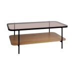 Table basse rectangulaire double plateau verre, effet bois et mtal smooky