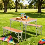 Table camping pliante aluminium - 90x60 cm - 2 bancs int�gr�s - plateau effet bois - format valise poign�e ...