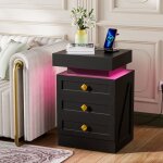 Table de chevet 3 tiroirs avec recharge et led bluetooth - meuble de nuit � plateau coulissant en panneau ...
