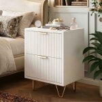 Table de chevet - 40x40x55cm - design ondul� - 2 tiroirs - pieds dor�s - mdf laqu� blanc