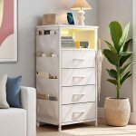 Table de chevet avec ports usb et 2 prises europ�ennes daidai 4 tiroirs mdf&m�tal avec led multiniveau ...