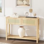 Table console � 2 niveaux meuble d?entr�e table dappoint avec 2 tiroirs en rotin et �tag�re pour couloir ...