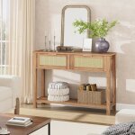 Table console � 2 niveaux meuble d?entr�e table dappoint avec 2 tiroirs en rotin et �tag�re pour couloir ...