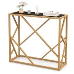Table de console - costway - meuble d?entre plateau en verre tremp noicadre en mtal dor 80 x 30 x ...