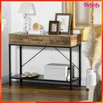 Table console dentr�e - akozon - 13654 - 3 tiroirs - aspect bois m�lamin� - pieds m�tal noir