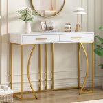 Table console - luxe - 120x38x76 cm - 2 tiroirs - m�tal - blanc - or