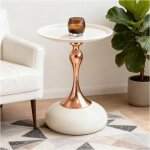 Table dappoint ronde - gu�ridon moderne - bout de canap� blanc avec base en m�tal - pour salon et balcon ...