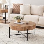 Table dappoint ronde avec tiroir et �tag�re - mini table basse - � dessus naturel et pieds m�talliques ...