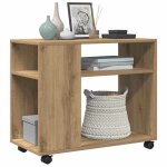 Table dappoint avec roues - vidaxl - ch�ne artisanal - bois ding�nierie - 70x35x60 cm - 2 �tag�res