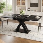 Table extensible salle � manger 120 - 160x80x76cm - noir laqu� - bois - 6 personnes - jusqu� 160 cm - ...