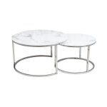 Lot de 2 tables gigognes atlanta rondes en m�tal et verre effet marbre - blanc - d 80 x h 45 cm.