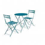 Table de jardin bistrot pliante m�tal + 2 assises bleu canard �60 x 70cm. acier thermolaqu�