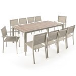 Table de jardin c�ramique effet bois 206 cm et 10 chaises cr�me - oviala