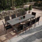 Table de jardin extensible aluminium 135 / 270cm + 10 fauteuils empilables textil�ne gris anthracite ...