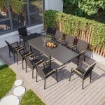 Table de jardin extensible aluminium 135 / 270cm + 10 fauteuils empilables textil�ne gris anthracite ...