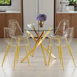 Table � manger avec 4 chaises transparentes en plastique ensemble de salle � manger ronde en verre tremp� ...