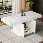 Table � manger blanc laqu� avec espace de rangement extensible t�lescopique 140 / 180cm