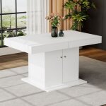 Table � manger blanc laqu� extensible automatique rangement int�gr� 140 / 180x80x76cm