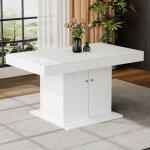 Table � manger blanc laqu� extensible espace rangement t�lescopique automatique 140 / 180cm