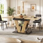 Table � manger extensible plateau bois avec pieds m�tal en v rallonge int�gr�e mdf naturel 110 - 140x80x75 ...