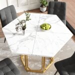 Table � manger hexagonale motif marbre pieds m�tal r�glables dor� evryae
