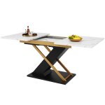 Table � manger rectangulaire avec plateau extensible et pieds crois�s dor�s mdf et m�tal 160 - 200 x ...