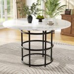 Table � manger ronde 100x100x76cm - plateau marbre mdf noir - pieds annulaires m�tal - capacity 4 - 6 ...