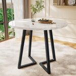 Table � manger ronde 80 � 75 cm pour salle � manger avec plateau effet marbre et pieds m�talliques blanc ...