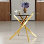Table � manger ronde - 88x88x75cm table � manger moderne en verre tremp� simple - cadre m�tal dor�adapt�e ...