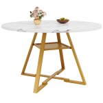Table � manger ronde blanche 120 x 120 x h 75 cm plateau mdf effet marbre pieds m�tal r�glables