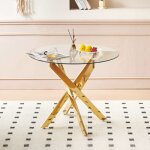 Table � manger ronde table de cuisine moderne avec pied en m�tal crois� dor�s et verre tremp� pieds chrom�s ...