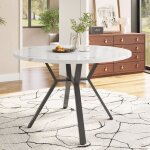 Table � manger ronde effet marbre blanc avec support x en acier noir evryae