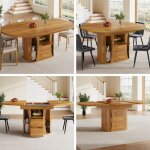 Table � manger ronde extensible 118 - 158 cm ? plateau walnut 3 niveaux rangement place 6 personnes design ...
