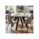 Table � manger ronde extensible 80?130cm - 4 � 8 personnes - d�cor marbre blanc? pied bois massif noir ...
