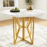 Table � manger ronde moderne 80x80x76 cm effet marbre blanc - pieds m�tal dor�s r�glables - pour 4 - ...