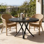 Table � manger ronde noire design moderne 120cm pi�tement crois� m�tal plateau haute densit� pour 4 - ...