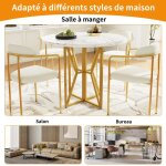 Table � manger ronde pieds dor�s en m�tal et plateau mdf blanc motif marbre 80 x 80 x 76 cm ? or